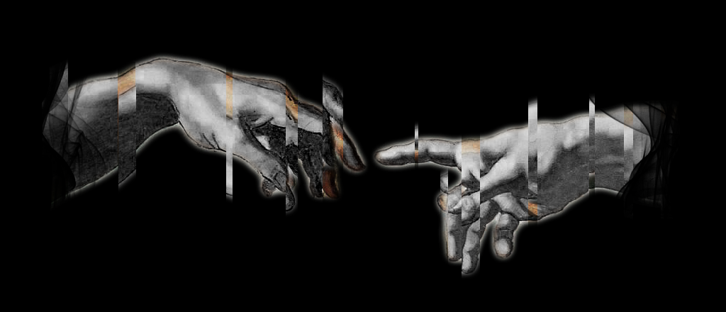 The creation of Adam with a glitch effect representing human-technology connection